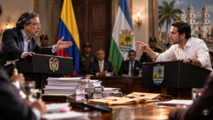 Ilustración editorial de un choque político entre el Gobierno Nacional y una administración local