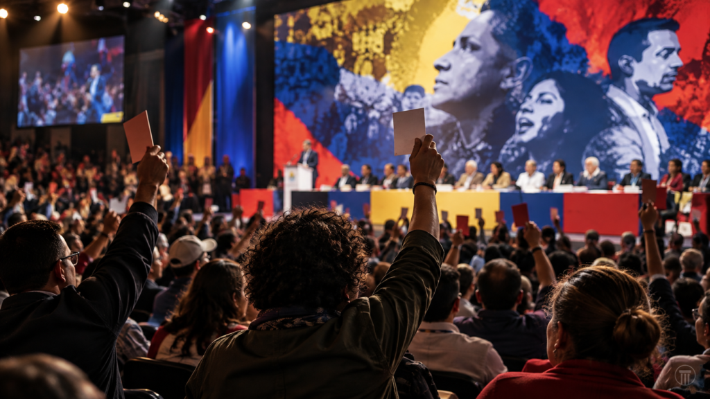 Ilustración editorial de una convención política con votación de delegados