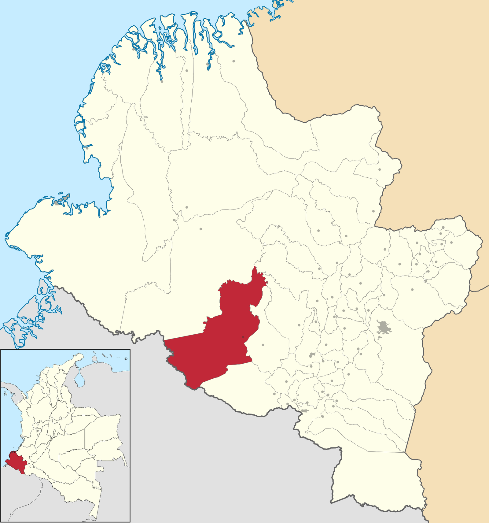 Mapa que ubica al municipio de Ricaurte dentro del departamento de Nariño