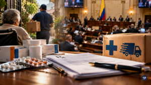 Ilustración editorial sobre entrega domiciliaria de medicamentos y debate legislativo en Colombia
