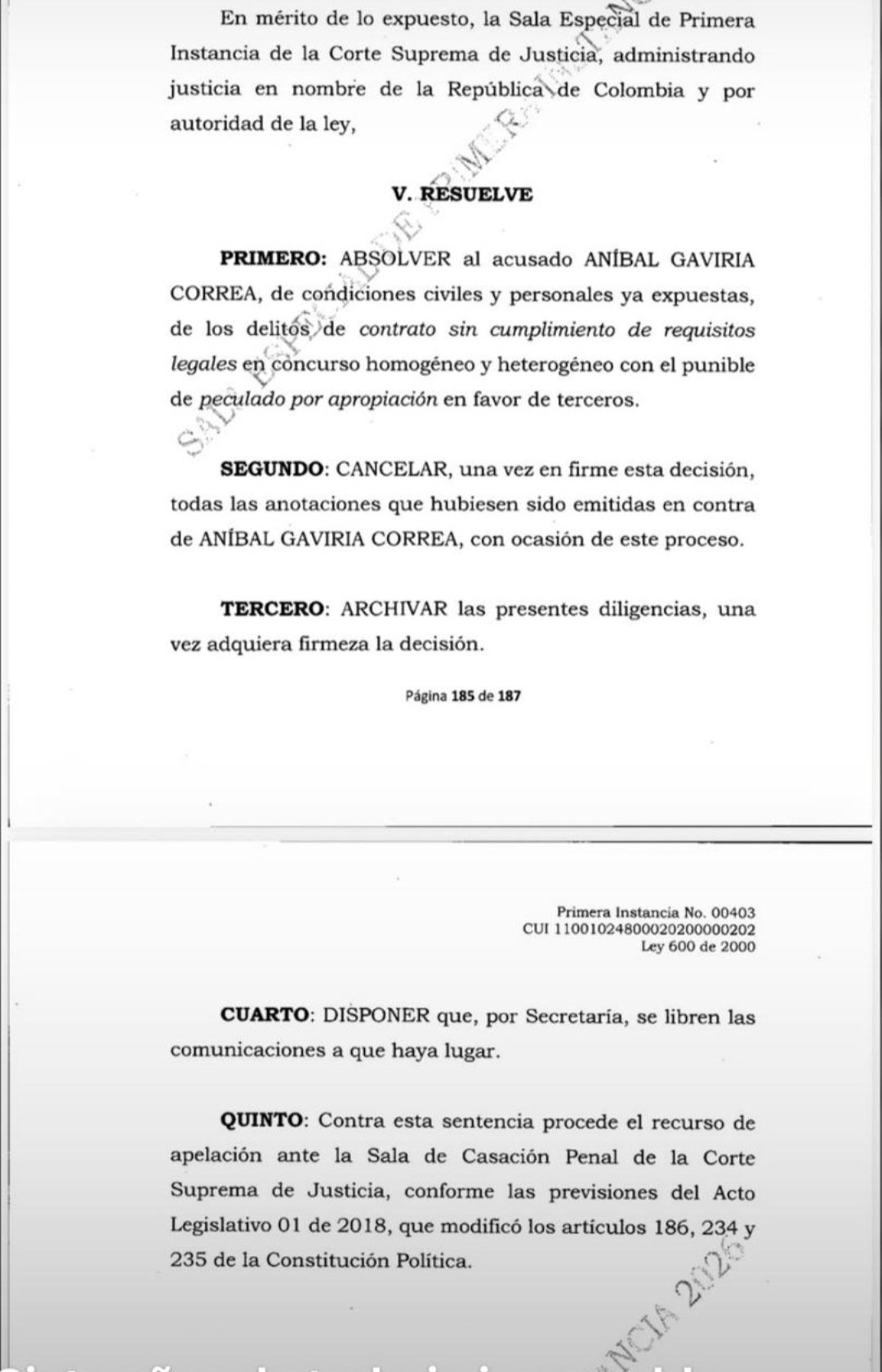 Parte resolutiva del fallo de primera instancia de la Corte Suprema en el proceso de la Troncal de la Paz