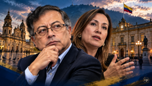 Ilustración editorial de Gustavo Petro y Carolina Corcho ante edificios institucionales de Bogotá, Colombia Política
