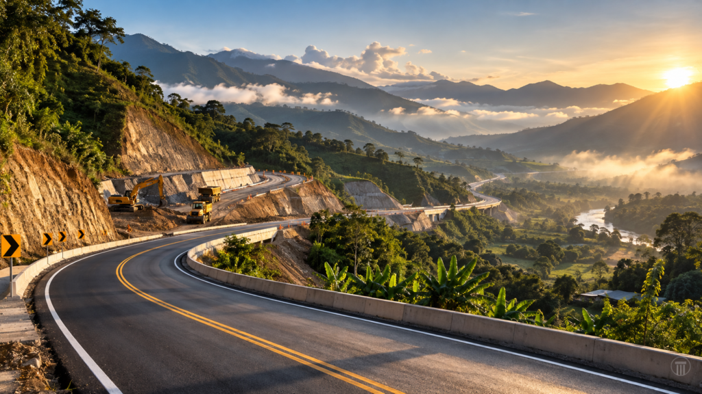 Ilustración editorial de una vía de montaña en Antioquia